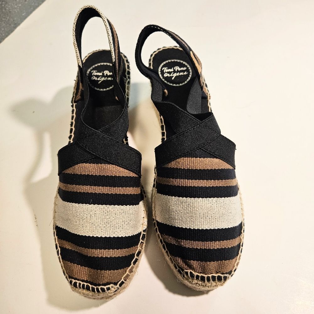 Striped Espadrille Wedge Sandals - Black, Tan & Cream - Picture 2 of 6